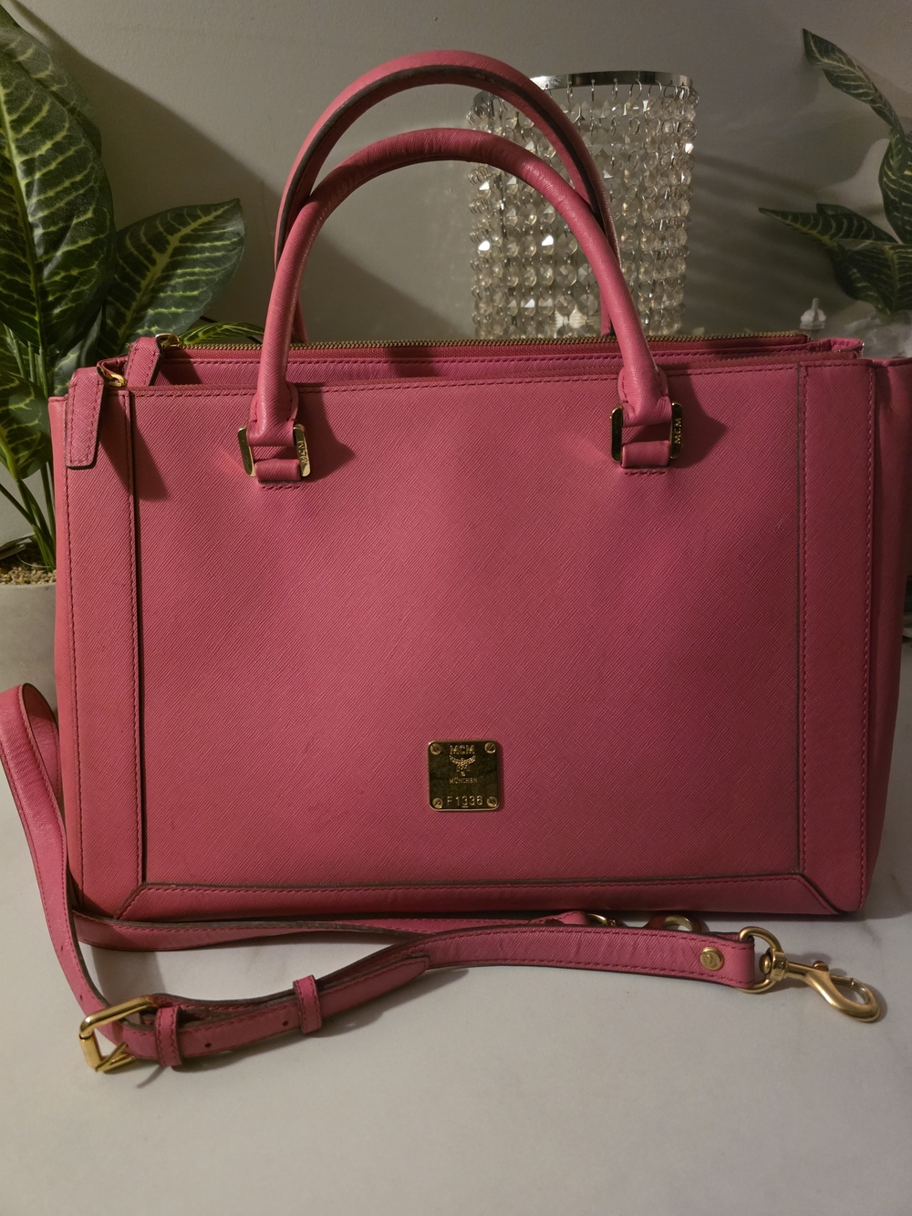 MCM Pink Structured Top-Handle Satchel with Gold Hardware